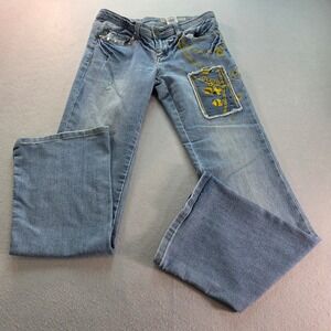 Akdmks Womens 27 Low Rise Flare Jeans Light Wash Embroidered Y2K Studded